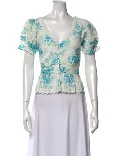 Pre-owned Loveshackfancy Floral Print V-neck Blouse In White