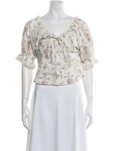 Pre-owned Loveshackfancy Floral Print V-neck Blouse In White
