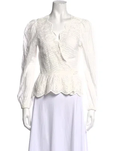Pre-owned Loveshackfancy Floral Print V-neck Blouse In White