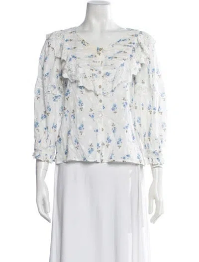 Pre-owned Loveshackfancy Floral Print V-neck Blouse In White