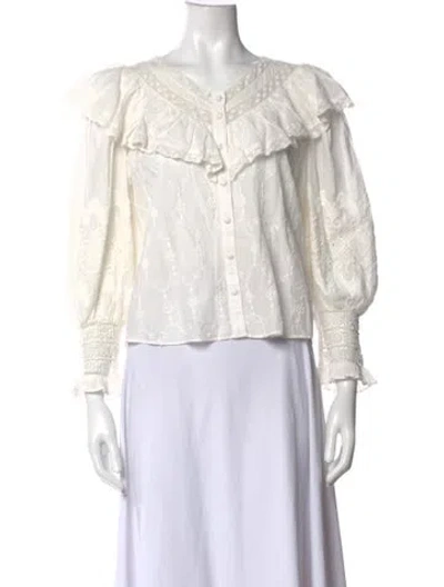 Pre-owned Loveshackfancy Floral Print V-neck Blouse In White