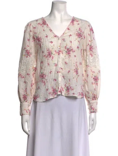 Pre-owned Loveshackfancy Floral Print V-neck Blouse In White