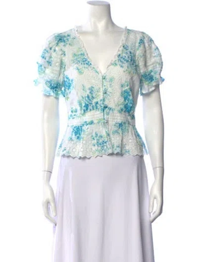 Pre-owned Loveshackfancy Floral Print V-neck Blouse In White