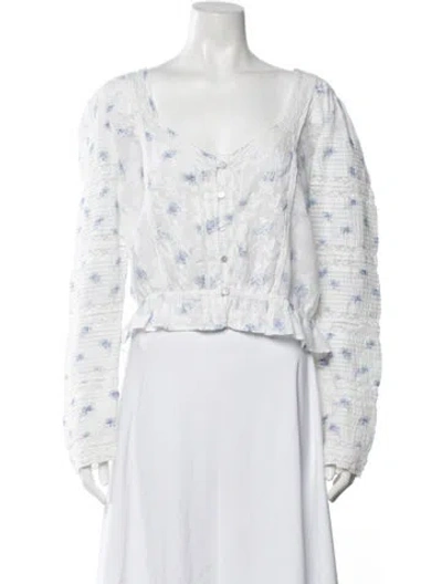 Pre-owned Loveshackfancy Floral Print V-neck Blouse In White