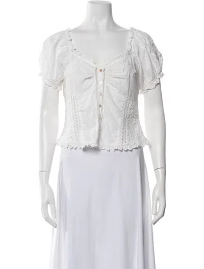 Pre-owned Loveshackfancy Floral Print V-neck Blouse In White