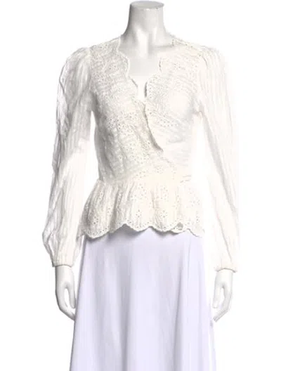 Pre-owned Loveshackfancy Floral Print V-neck Blouse In White