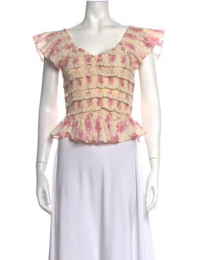 Pre-owned Loveshackfancy Floral Print V-neck Blouse In Yellow