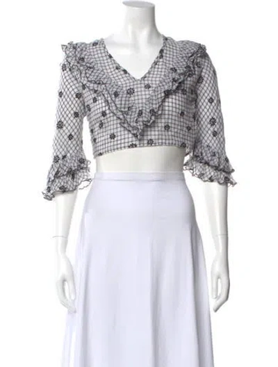 Pre-owned Loveshackfancy Floral Print V-neck Crop Top In Black