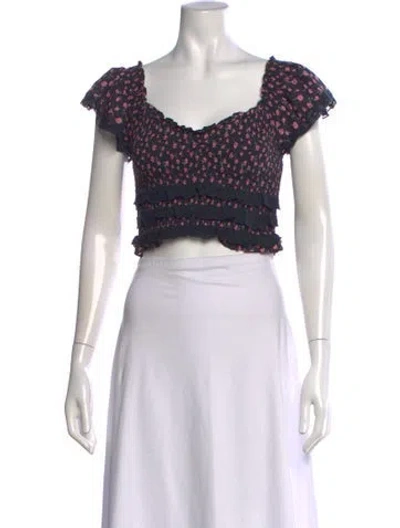 Pre-owned Loveshackfancy Floral Print V-neck Crop Top In Black