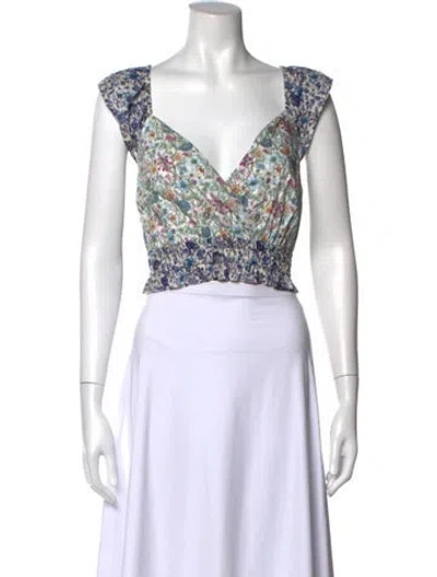 Pre-owned Loveshackfancy Floral Print V-neck Crop Top In Blue
