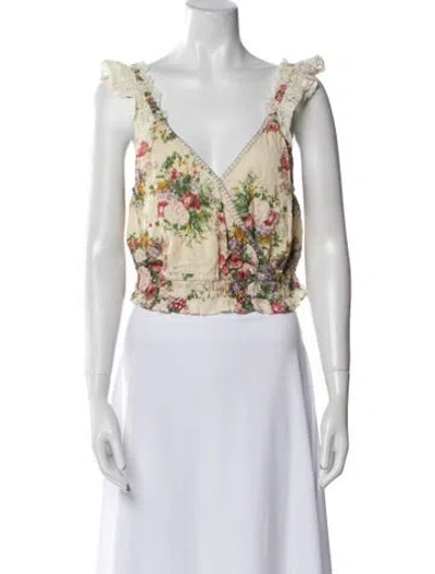 Pre-owned Loveshackfancy Floral Print V-neck Crop Top In Neutral