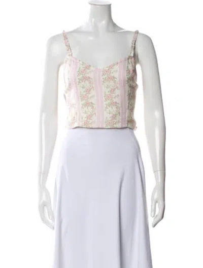 Pre-owned Loveshackfancy Floral Print V-neck Crop Top In Neutral