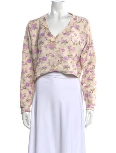 Pre-owned Loveshackfancy Floral Print V-neck Crop Top In Neutral