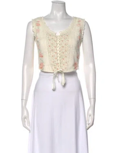 Pre-owned Loveshackfancy Floral Print V-neck Crop Top In Neutral