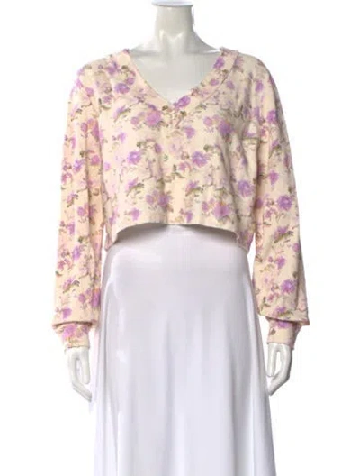 Pre-owned Loveshackfancy Floral Print V-neck Crop Top In Neutral