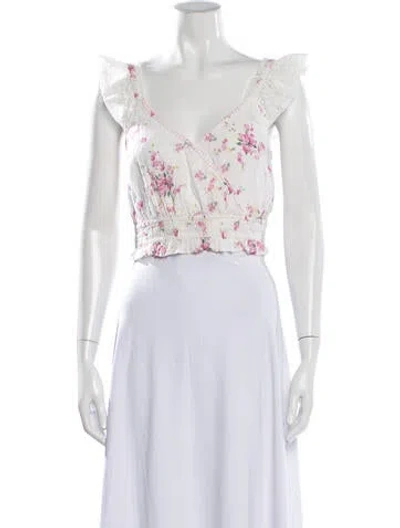 Pre-owned Loveshackfancy Floral Print V-neck Crop Top In Neutrals