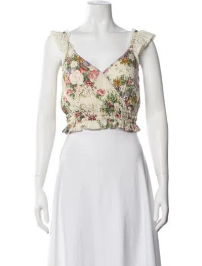 Pre-owned Loveshackfancy Floral Print V-neck Crop Top In Neutrals