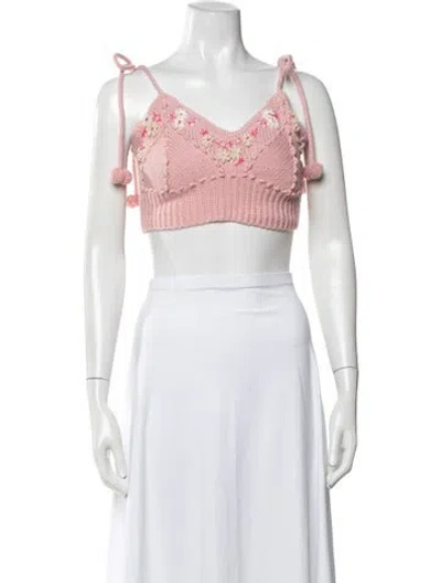 Pre-owned Loveshackfancy Floral Print V-neck Crop Top In Neutrals