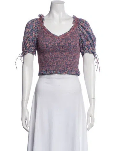 Pre-owned Loveshackfancy Floral Print V-neck Crop Top In Pink