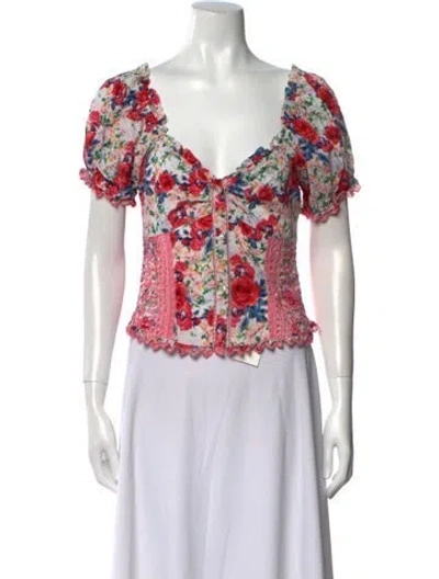 Pre-owned Loveshackfancy Floral Print V-neck Crop Top In Pink