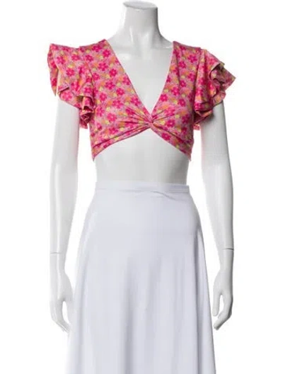 Pre-owned Loveshackfancy Floral Print V-neck Crop Top In Pink