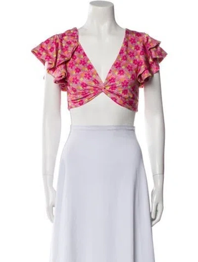 Pre-owned Loveshackfancy Floral Print V-neck Crop Top In Pink