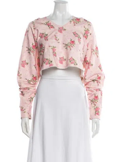 Pre-owned Loveshackfancy Floral Print V-neck Crop Top In Pink