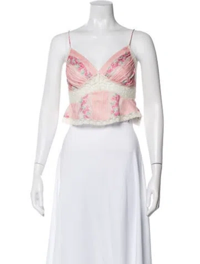 Pre-owned Loveshackfancy Floral Print V-neck Crop Top In Pink