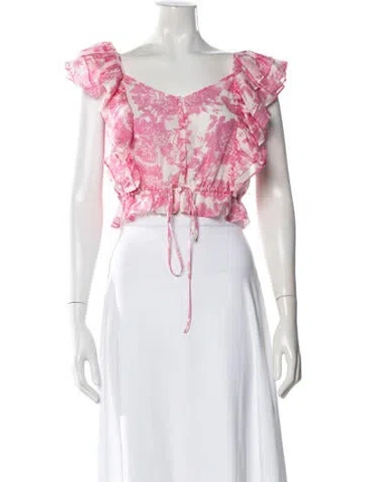 Pre-owned Loveshackfancy Floral Print V-neck Crop Top In Pink