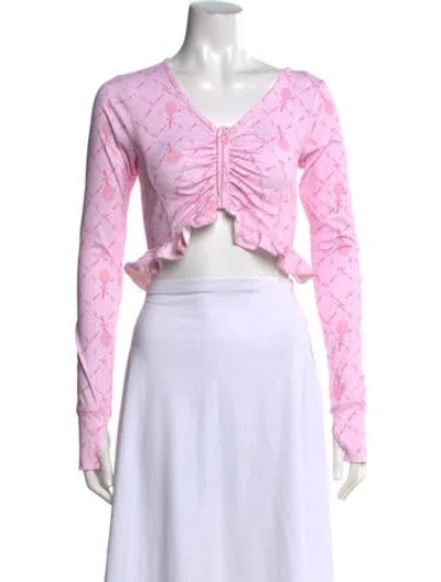 Pre-owned Loveshackfancy Floral Print V-neck Crop Top In Pink