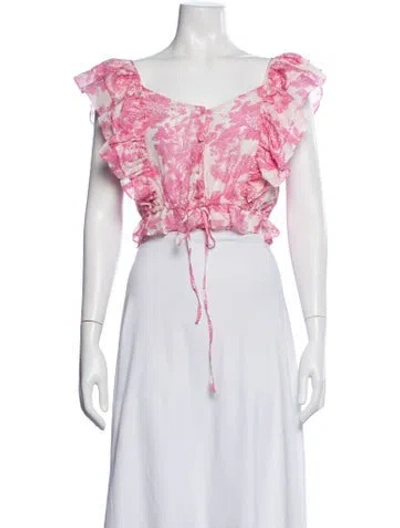 Pre-owned Loveshackfancy Floral Print V-neck Crop Top In Pink