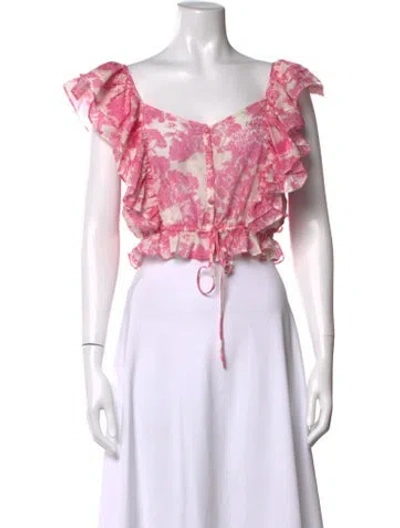 Pre-owned Loveshackfancy Floral Print V-neck Crop Top In Pink