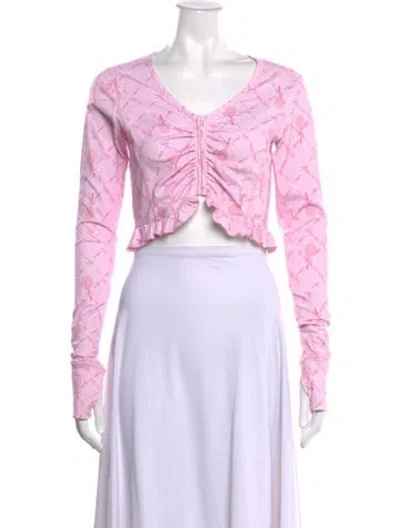 Pre-owned Loveshackfancy Floral Print V-neck Crop Top In Pink