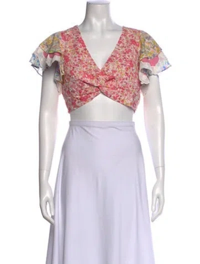 Pre-owned Loveshackfancy Floral Print V-neck Crop Top W/ Tags In Pink