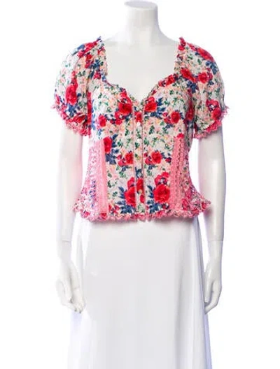 Pre-owned Loveshackfancy Floral Print V-neck Crop Top W/ Tags In Pink