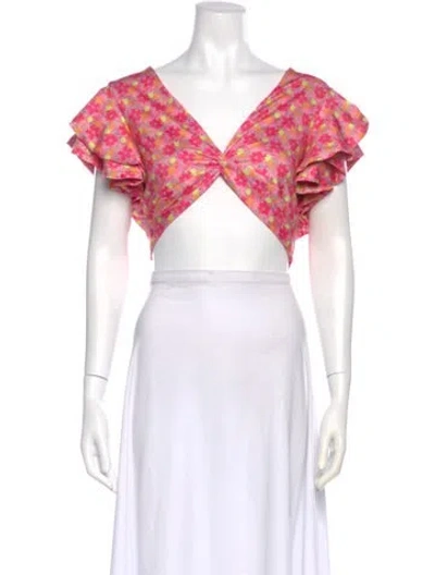 Pre-owned Loveshackfancy Floral Print V-neck Crop Top W/ Tags In Pink