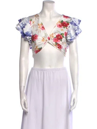 Pre-owned Loveshackfancy Floral Print V-neck Crop Top W/ Tags In White