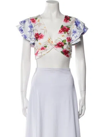 Pre-owned Loveshackfancy Floral Print V-neck Crop Top In White