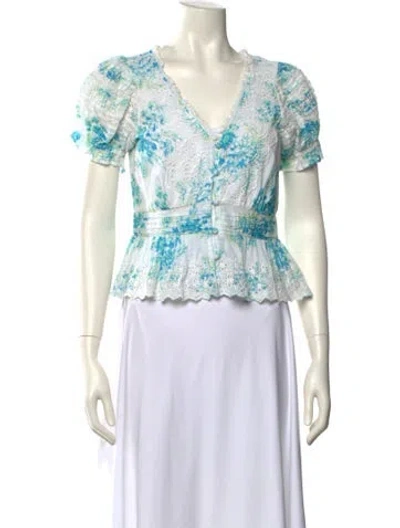 Pre-owned Loveshackfancy Floral Print V-neck Crop Top In White