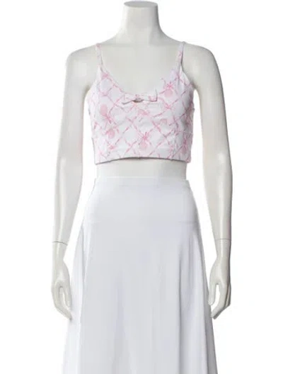 Pre-owned Loveshackfancy Floral Print V-neck Crop Top In White