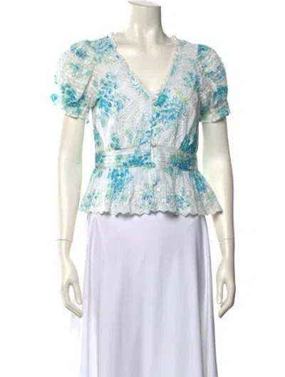 Pre-owned Loveshackfancy Floral Print V-neck Crop Top In White