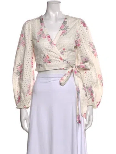Pre-owned Loveshackfancy Floral Print V-neck Crop Top In White