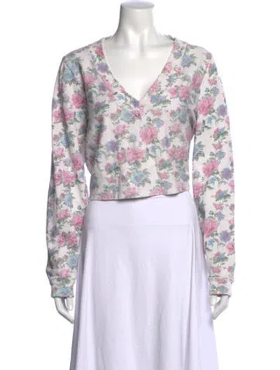 Pre-owned Loveshackfancy Floral Print V-neck Crop Top In White