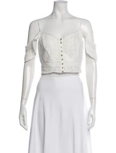 Pre-owned Loveshackfancy Floral Print V-neck Crop Top In White