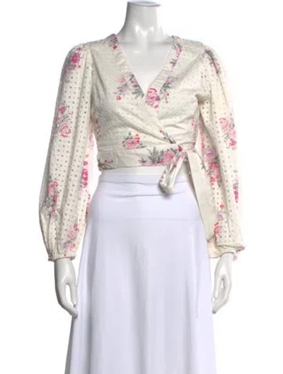 Pre-owned Loveshackfancy Floral Print V-neck Crop Top In White