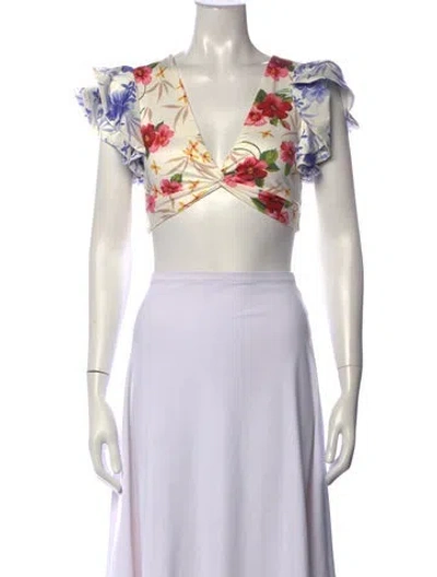 Pre-owned Loveshackfancy Floral Print V-neck Crop Top In White