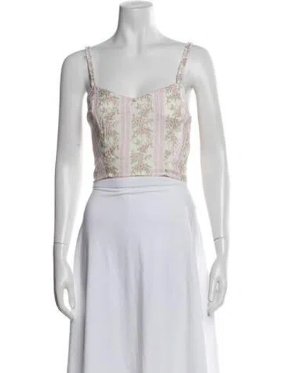 Pre-owned Loveshackfancy Floral Print V-neck Crop Top In White