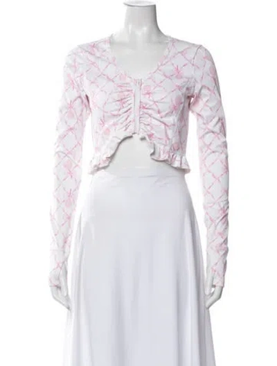 Pre-owned Loveshackfancy Floral Print V-neck Crop Top In White