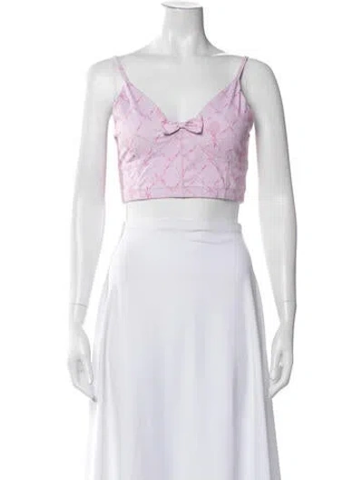Pre-owned Loveshackfancy Floral Print V-neck Crop Top In White