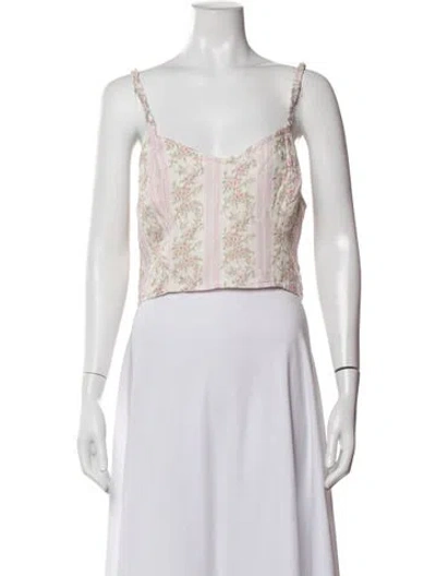 Pre-owned Loveshackfancy Floral Print V-neck Crop Top In White